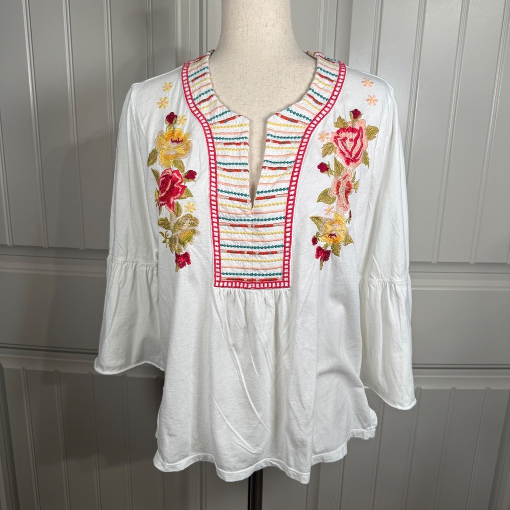 Johnny Was Embroidered Floral Blouse Womens S White Cotton Boho‎ Coastal Cowgirl